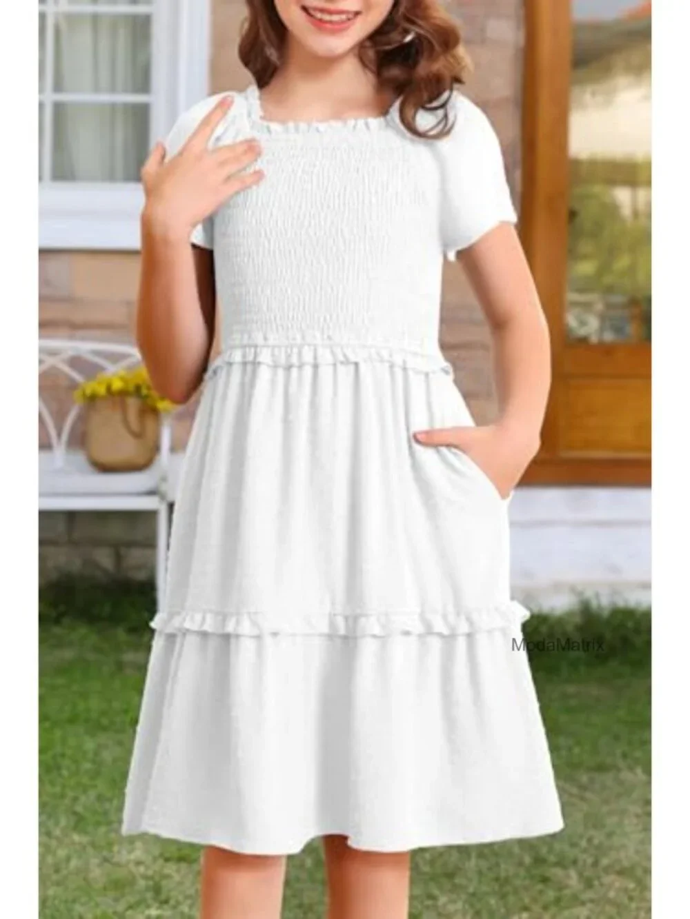 Girls Boho Swiss Dot Smocked Square Neck Ruffle Tiered Midi Dress with Pockets